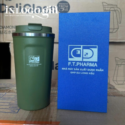 Ly giữ nhiệt in logo màu xanh rêu dung tích 510ml
