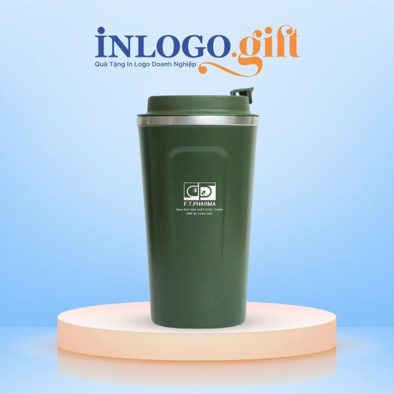Ly giữ nhiệt in logo màu xanh rêu dung tích 510ml