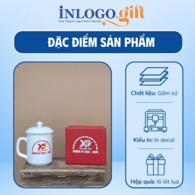 Ly sứ Bát Tràng in logo có nắp dáng trụ quai vuông 350ml