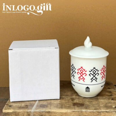 Ly sứ Bát Tràng in logo dáng ngọn lửa có nắp quai bán tim 400ml LS-08