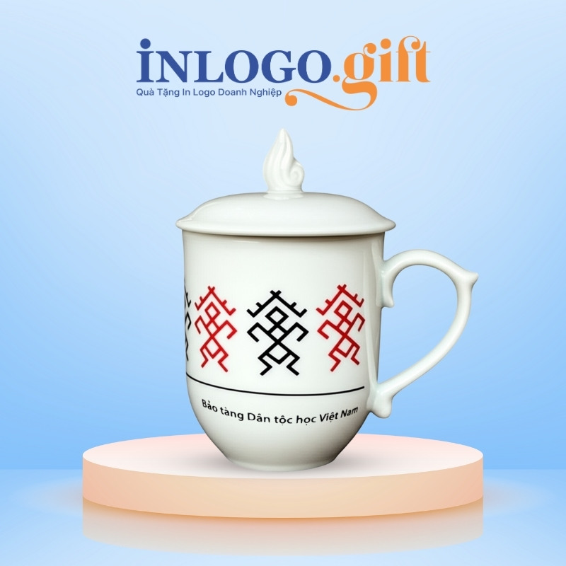 Ly sứ Bát Tràng in logo dáng ngọn lửa có nắp quai bán tim 400ml LS-08