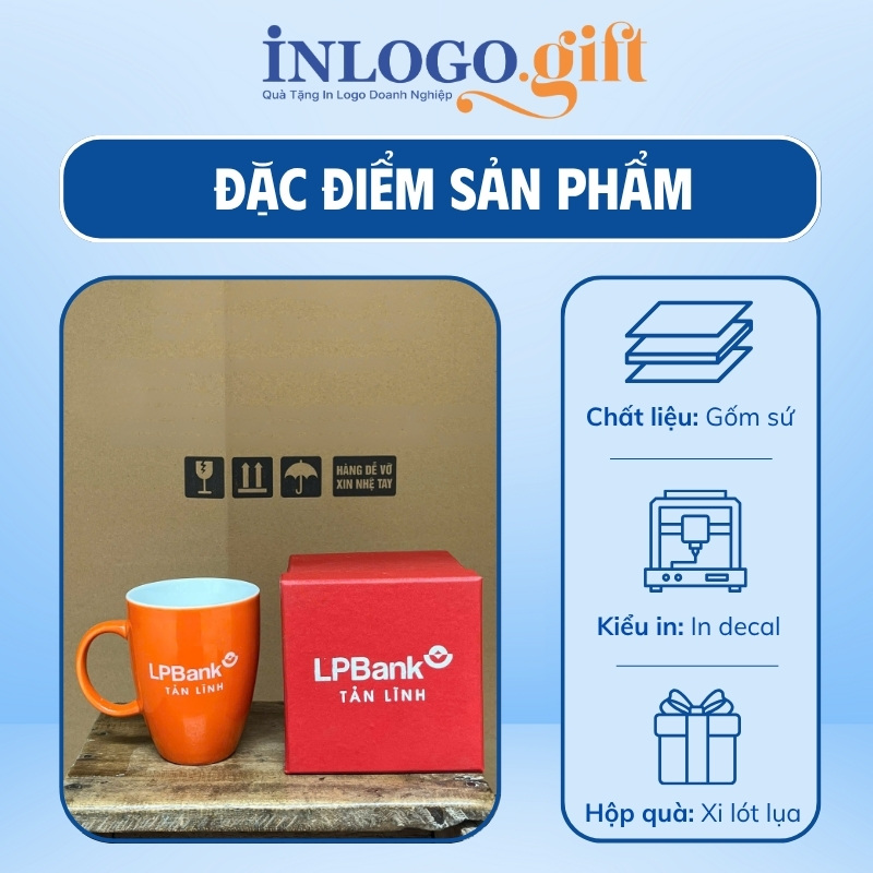 Ly sứ Bát Tràng in logo màu cam dáng thóp quai C 350ml