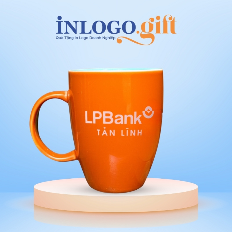 Ly sứ Bát Tràng in logo màu cam dáng thóp quai C 350ml