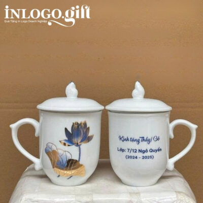 Ly sứ in logo dáng ngọn lửa có nắp quai bán tim 400ml LS-05
