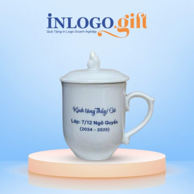 Ly sứ in logo dáng ngọn lửa có nắp quai bán tim 400ml LS-05