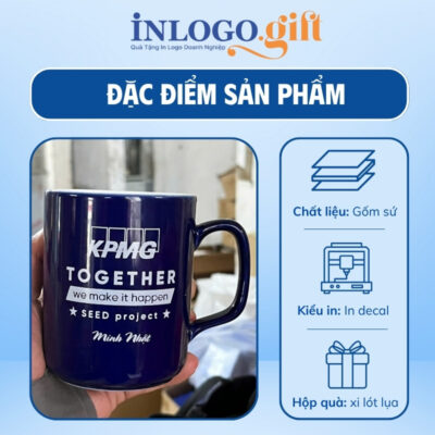 Ly sứ in logo dáng trụ quai vuông màu xanh navy và trắng LS-10