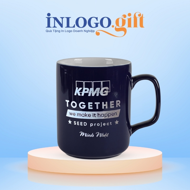 Ly sứ in logo dáng trụ quai vuông màu xanh navy và trắng LS-10