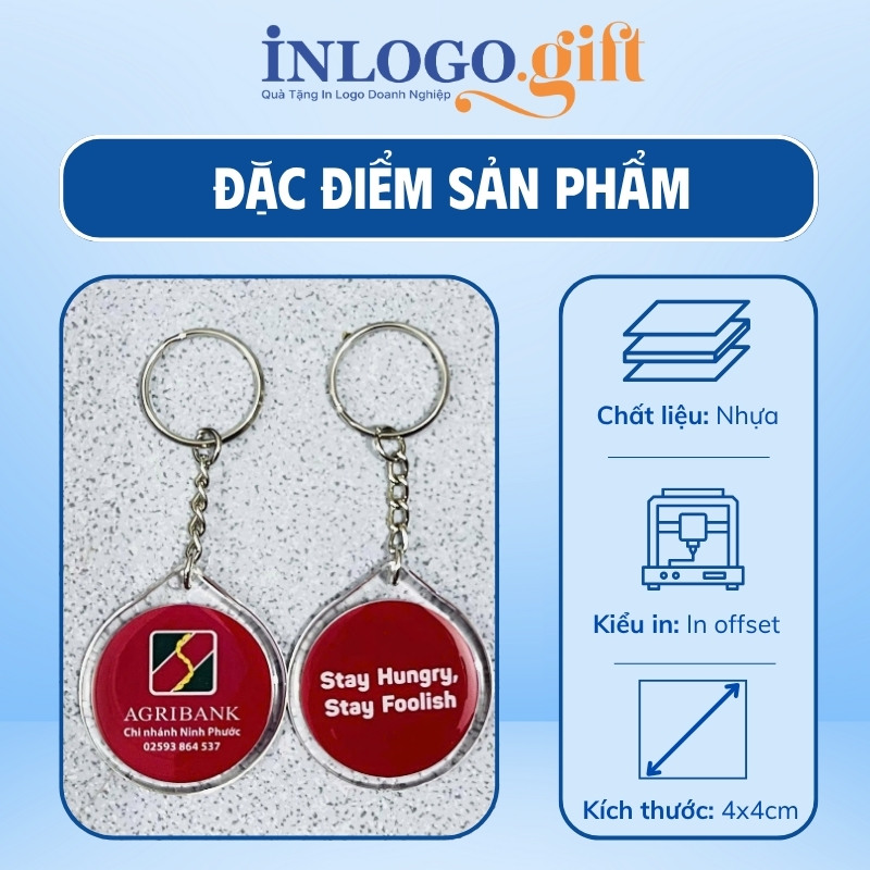 Móc khóa in logo đổ keo có viền hình tròn màu đỏ 4cmx4cm MK-03