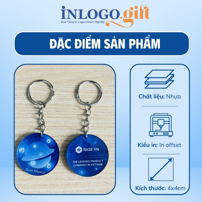 Móc khóa in logo nhựa hình tròn màu xanh dương 4cmx4cm MK-02