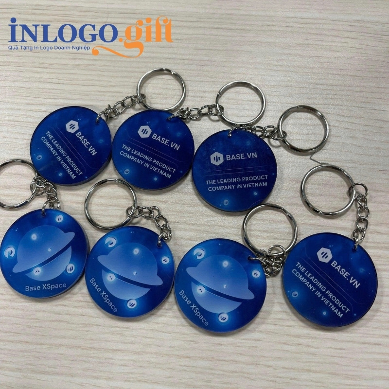 Móc khóa in logo nhựa hình tròn màu xanh dương 4cmx4cm MK-02