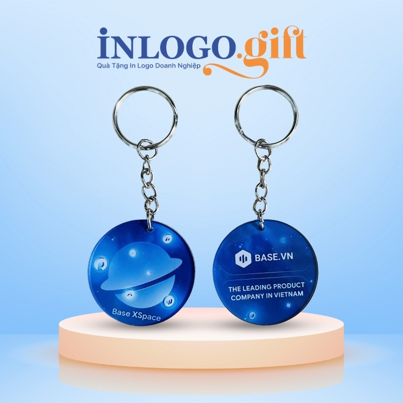 Móc khóa in logo nhựa hình tròn màu xanh dương 4cmx4cm MK-02