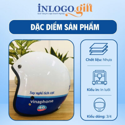 Mũ bảo hiểm in logo 3/4 không kính sơn bóng màu trắng và xanh dương MBH-06