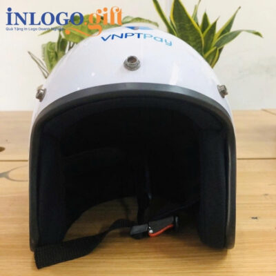Mũ bảo hiểm in logo 3/4 không kính sơn bóng màu trắng và xanh dương MBH-06