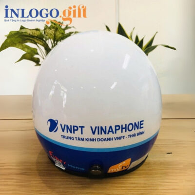 Mũ bảo hiểm in logo 3/4 không kính sơn bóng màu trắng và xanh dương MBH-06