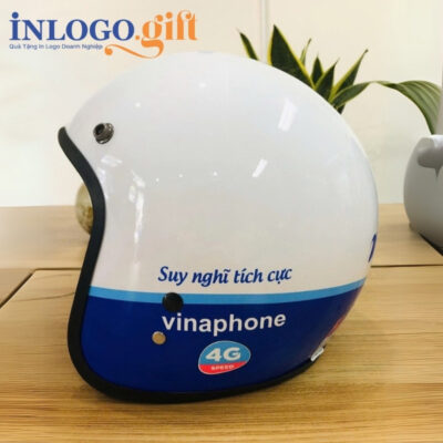 Mũ bảo hiểm in logo 3/4 không kính sơn bóng màu trắng và xanh dương MBH-06