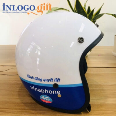 Mũ bảo hiểm in logo 3/4 không kính sơn bóng màu trắng và xanh dương MBH-06