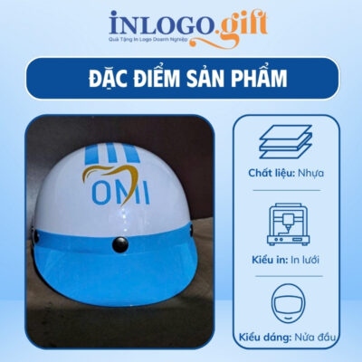 Mũ bảo hiểm in logo nửa đầu không kính sơn bóng màu trắng và xanh dương MBH-05
