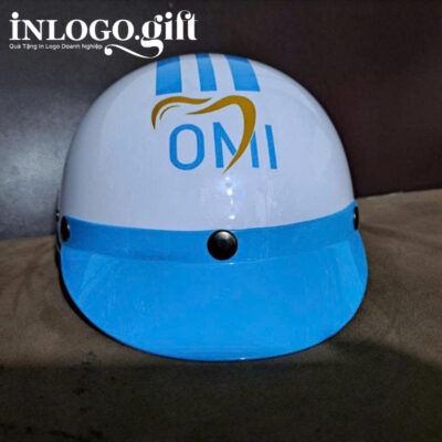 Mũ bảo hiểm in logo nửa đầu không kính sơn bóng màu trắng và xanh dương MBH-05