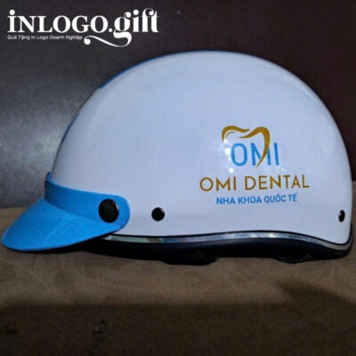 Mũ bảo hiểm in logo nửa đầu không kính sơn bóng màu trắng và xanh dương MBH-05