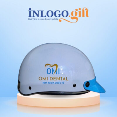 Mũ bảo hiểm in logo nửa đầu không kính sơn bóng màu trắng và xanh dương MBH-05