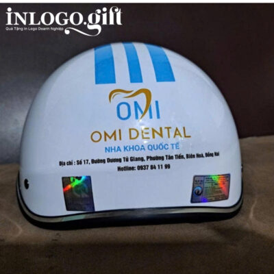 Mũ bảo hiểm in logo nửa đầu không kính sơn bóng màu trắng và xanh dương MBH-05