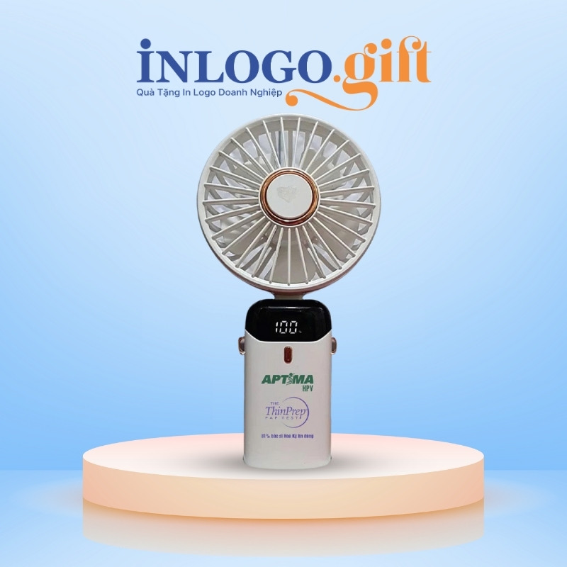 Quạt điện mini in logo cầm tay đèn led hiển thị màu trắng 16.5cm QD-05