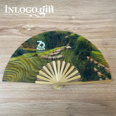 Quạt nan tre in logo màu xanh lá 50cm