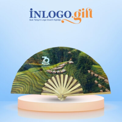 Quạt nan tre in logo màu xanh lá 50cm