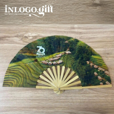 Quạt nan tre in logo màu xanh lá 50cm