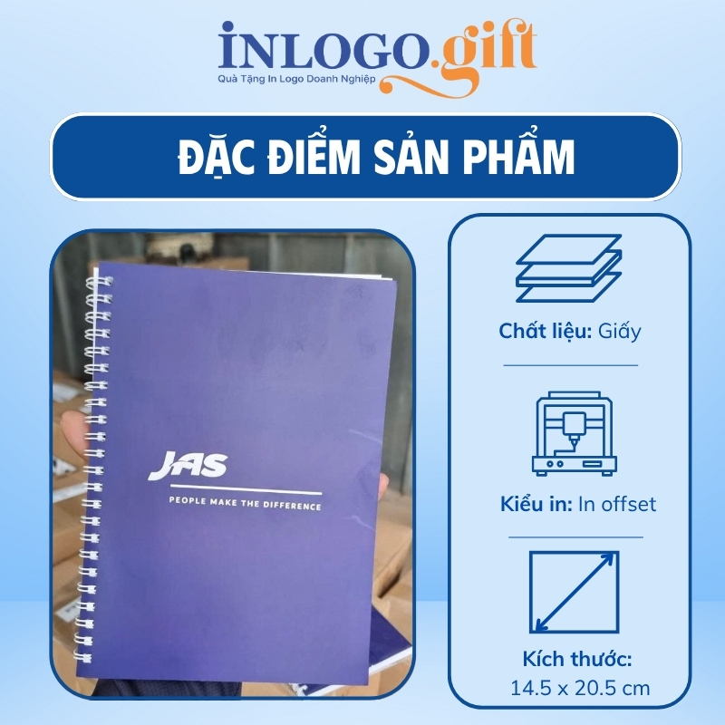 Sổ tay in logo lò xo màu xanh dương kích thước 14.5 x 20.5cm