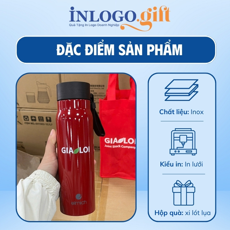 Bình giữ nhiệt in logo thương hiệu Elmich màu đỏ 520ml BGN-11