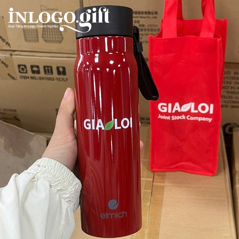 Bình giữ nhiệt in logo thương hiệu Elmich màu đỏ 520ml BGN-11