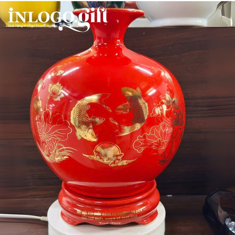 Bình hút lộc in logo họa tiết cá chép và hoa sen mạ vàng BHL-06
