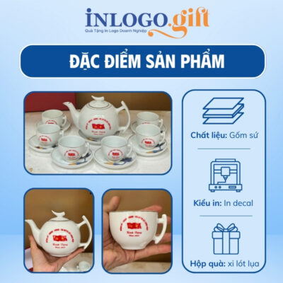 Bộ ấm chén in logo dáng bưởi cành họa tiết hoa sen vẽ vàng kim AC-15