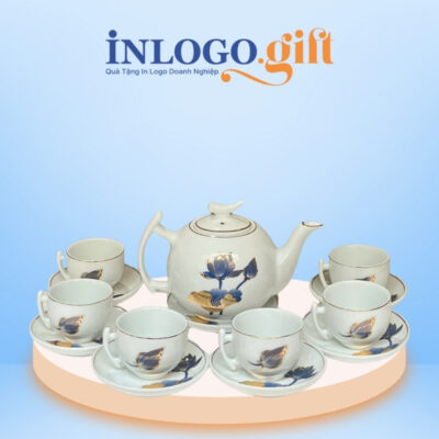 Bộ ấm chén in logo dáng bưởi cành họa tiết hoa sen vẽ vàng kim AC-15