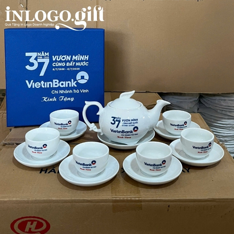 Bộ ấm chén in logo dáng phượng hoàng màu trắng AC-19
