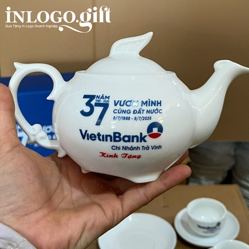 Bộ ấm chén in logo dáng phượng hoàng màu trắng AC-19