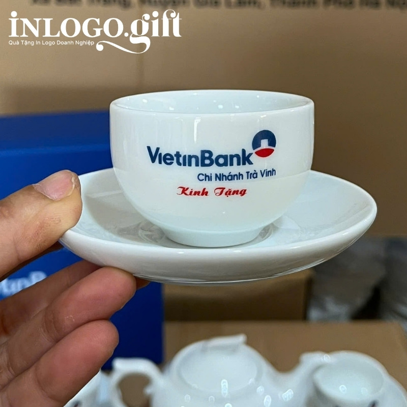 Bộ ấm chén in logo dáng phượng hoàng màu trắng AC-19