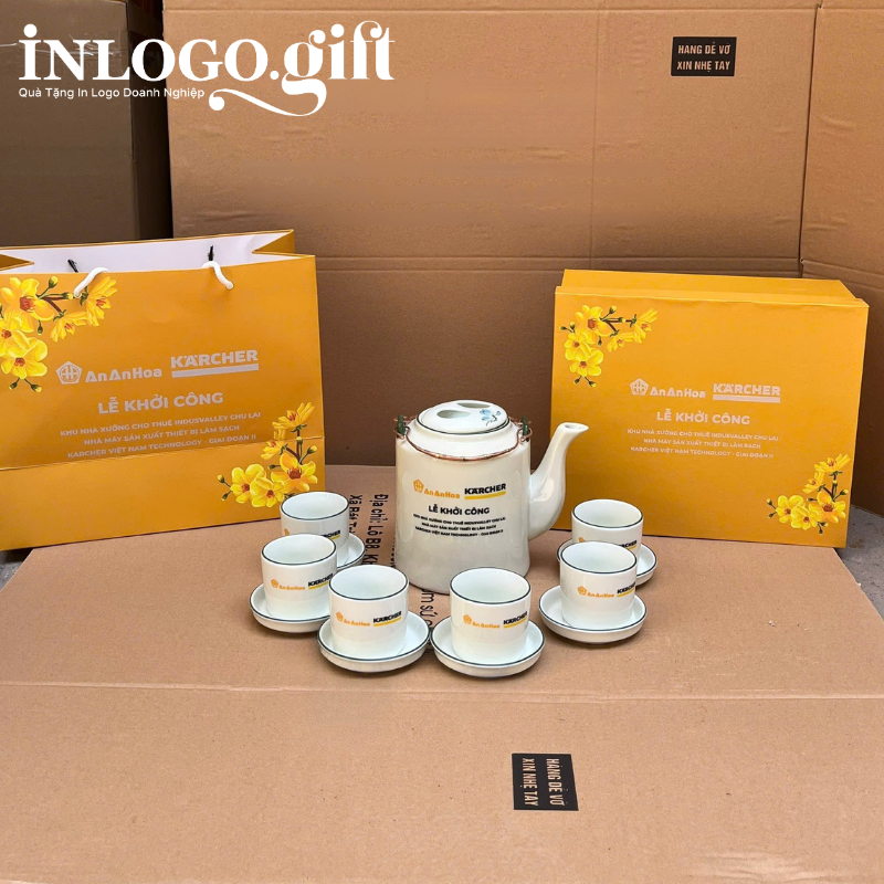 Bộ ấm tích in logo họa tiết hoa sen xanh màu trắng AC-20