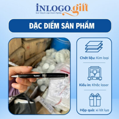 Bút ký in logo xoáy khoen cài màu bạc đen 14cm BK-05