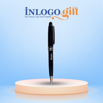 Bút ký in logo xoáy khoen cài màu bạc đen 14cm BK-05