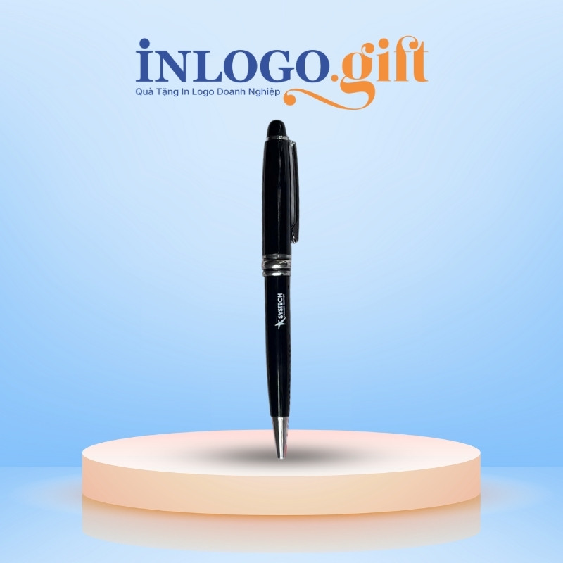 Bút ký in logo xoáy khoen cài màu bạc đen 14cm BK-05