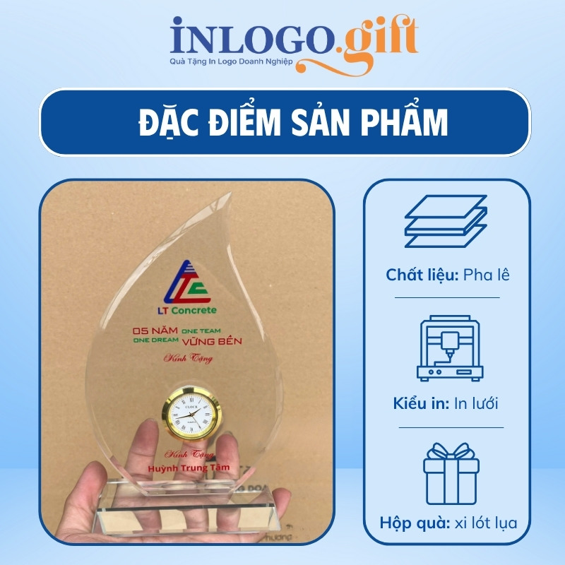 Đồng hồ để bàn in logo pha lê dáng chiếc lá DHB-07