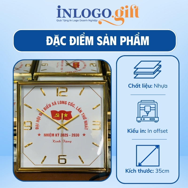Đồng hồ treo tường in logo vuông xi vàng 35cm DHT-05