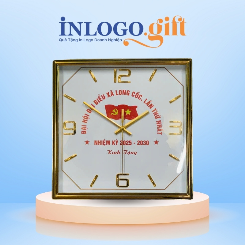 Đồng hồ treo tường in logo vuông xi vàng 35cm DHT-05