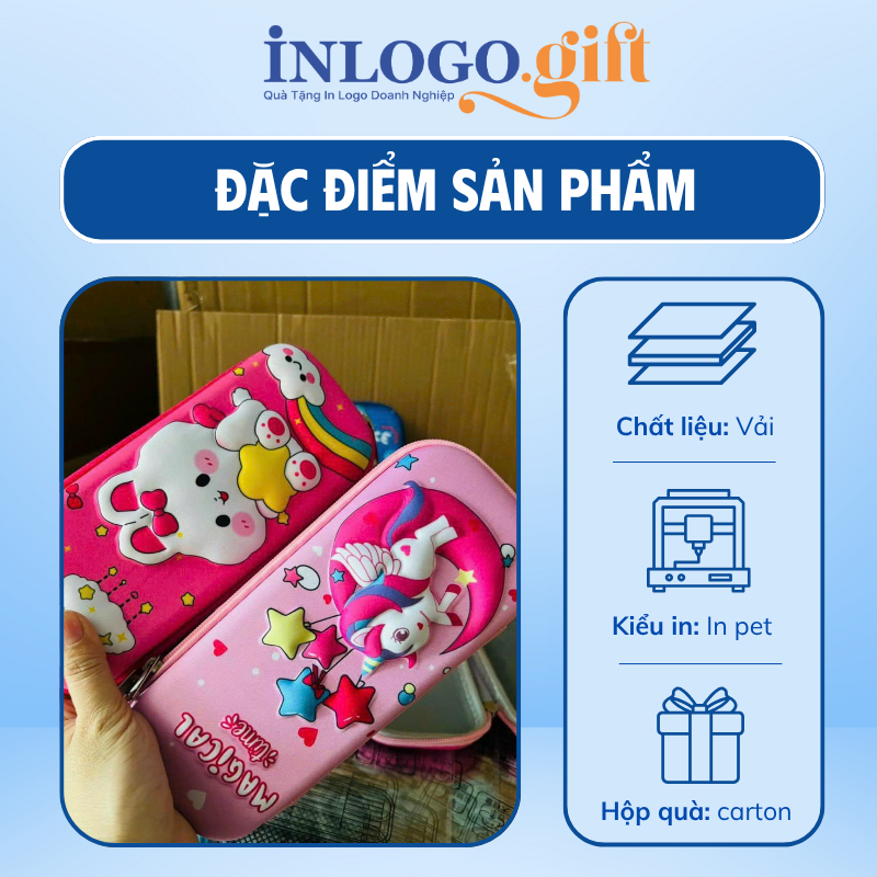 Hộp bút in logo màu hồng mèo dễ thương HB-02