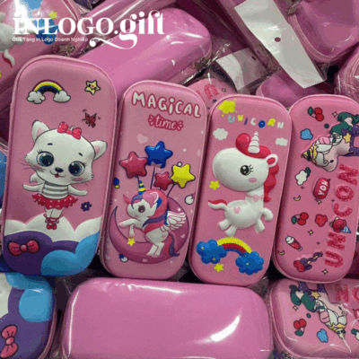 Hộp bút in logo màu hồng mèo dễ thương HB-02