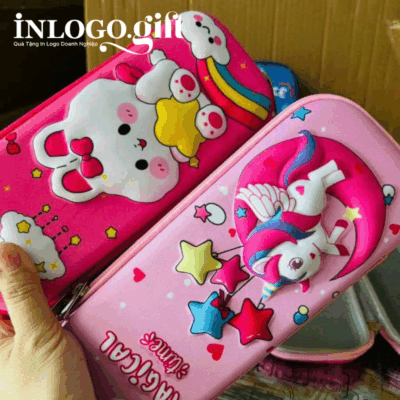 Hộp bút in logo màu hồng mèo dễ thương HB-02