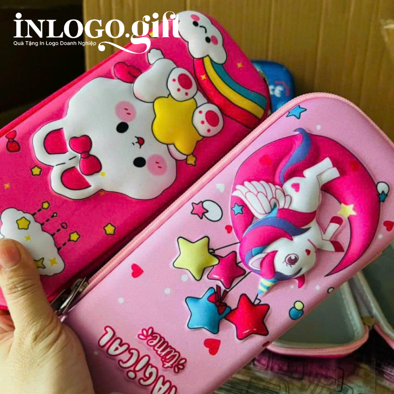 Hộp bút in logo màu hồng mèo dễ thương HB-02