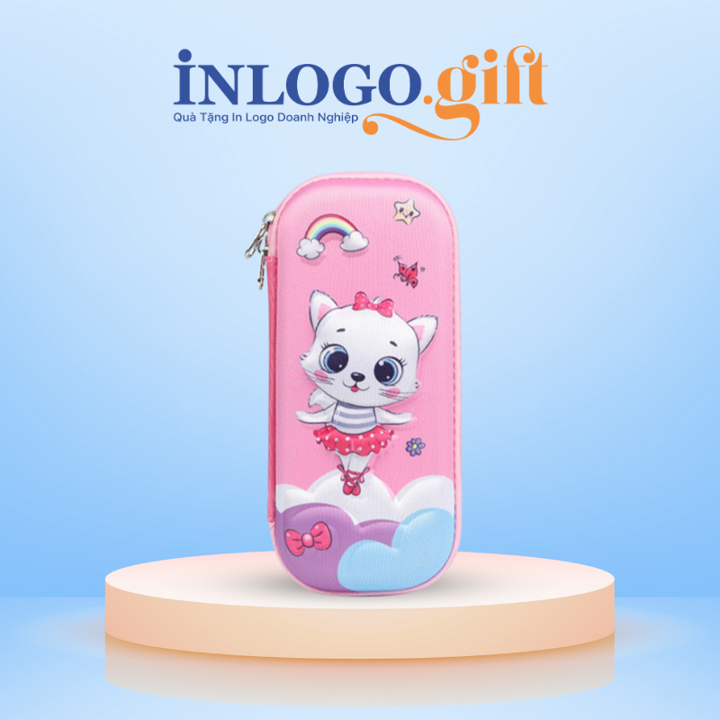 Hộp bút in logo màu hồng mèo dễ thương HB-02